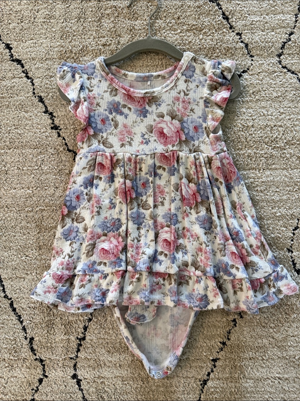 Posh Peanut Cream Floral Ruffle Dress Bodysuit with Pink and Blue Blooms